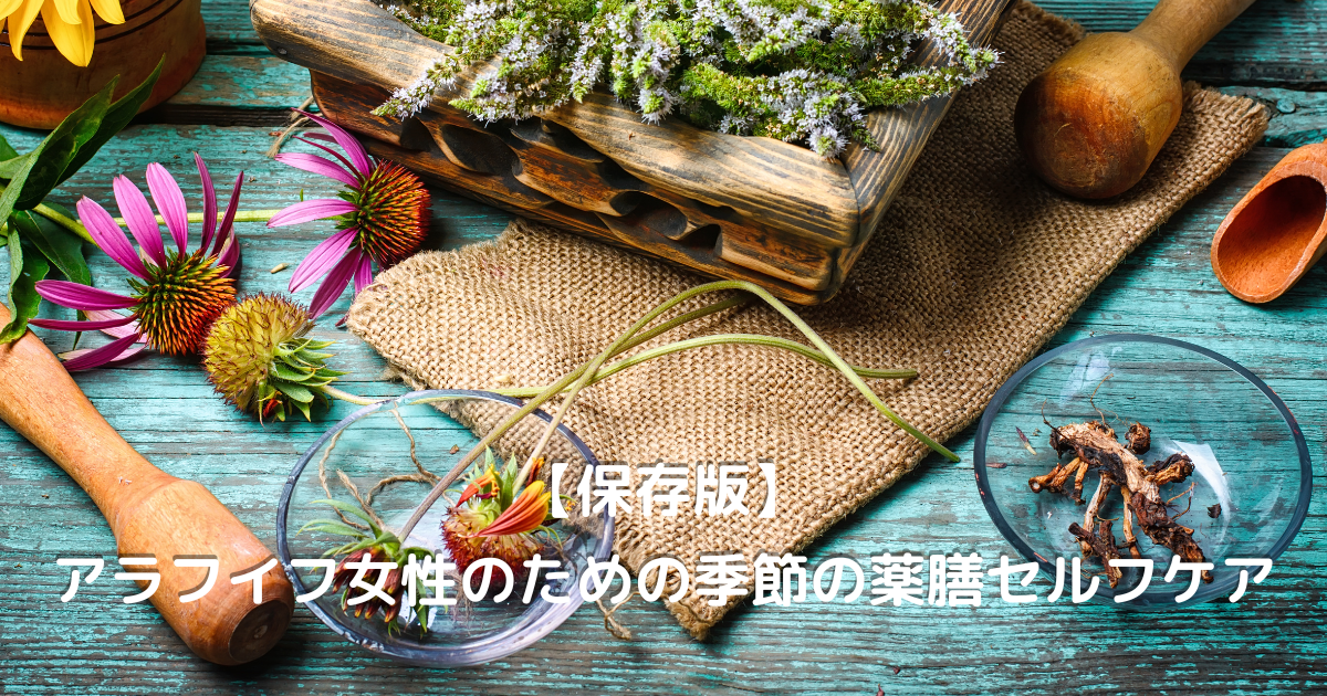 春夏秋冬の風景と旬の食材が並ぶ薬膳イメージ